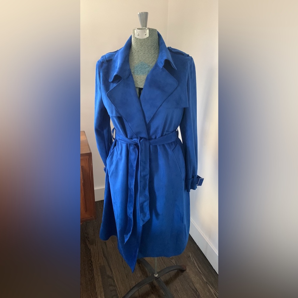 Elegant Faux Suede Blue Trench Coat
